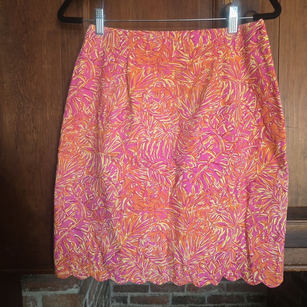Vintage Lilly Pulitzer Vibrant Pink and Orange Tiger Print Cotton Skirt - Large